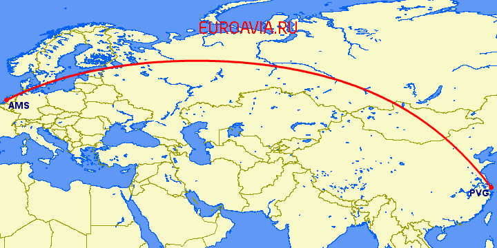перелет Шанхай — Амстердам на карте