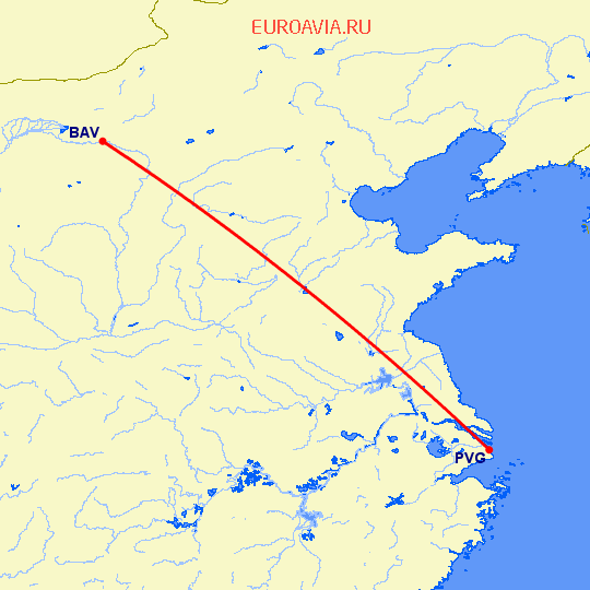 перелет Шанхай — Баотоу на карте