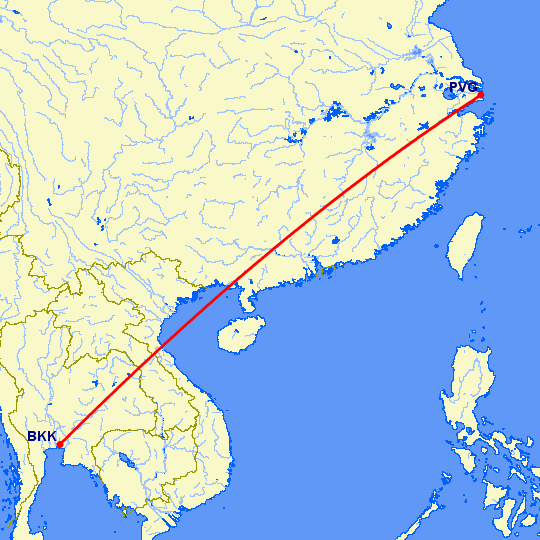 перелет Шанхай — Бангкок на карте