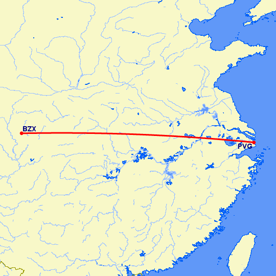 перелет Шанхай — Бажонг на карте