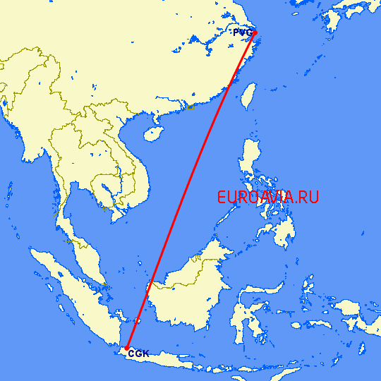 перелет Шанхай — Джакарта на карте