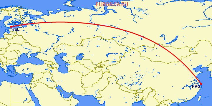 перелет Шанхай — Хельсинки на карте