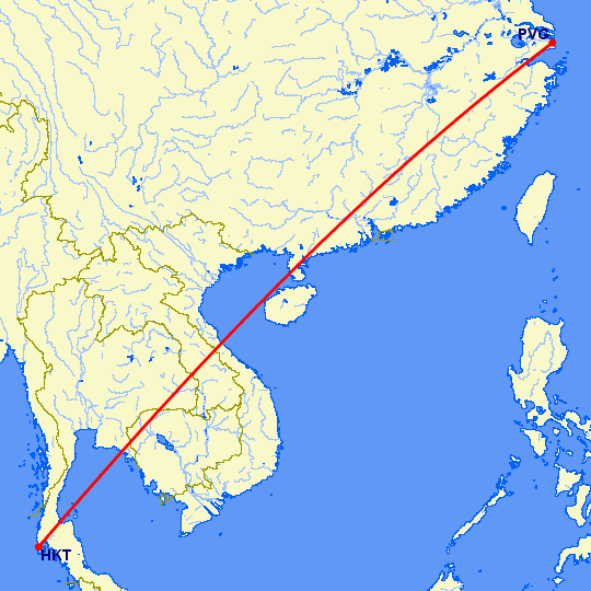 перелет Шанхай — Пхукет на карте