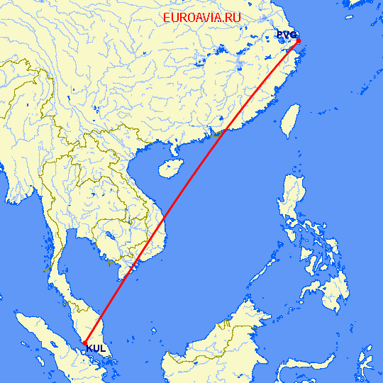 перелет Шанхай — Куала Лумпур на карте