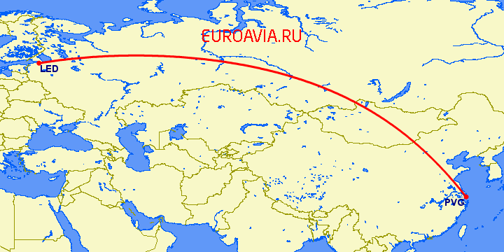 перелет Шанхай — Санкт Петербург на карте