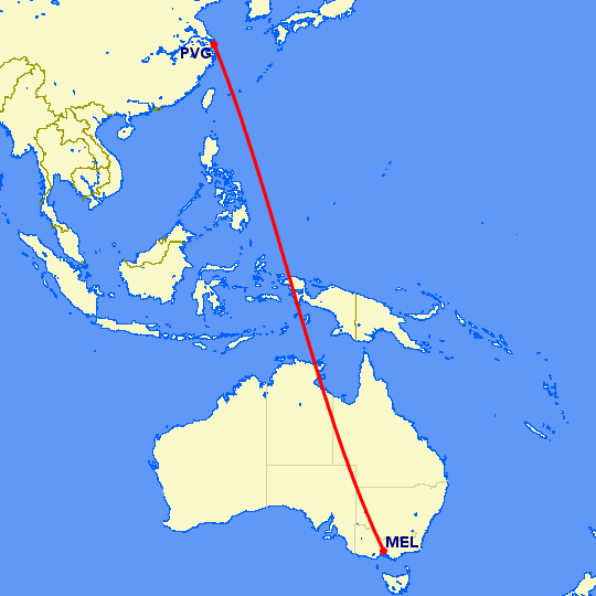 перелет Шанхай — Мельбурн на карте