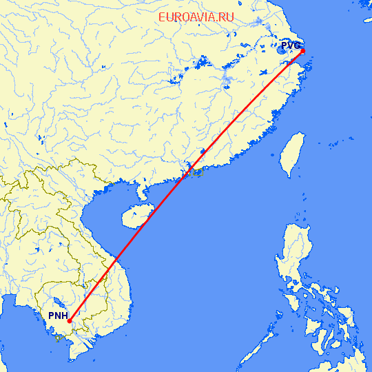 перелет Шанхай — Пномпен на карте