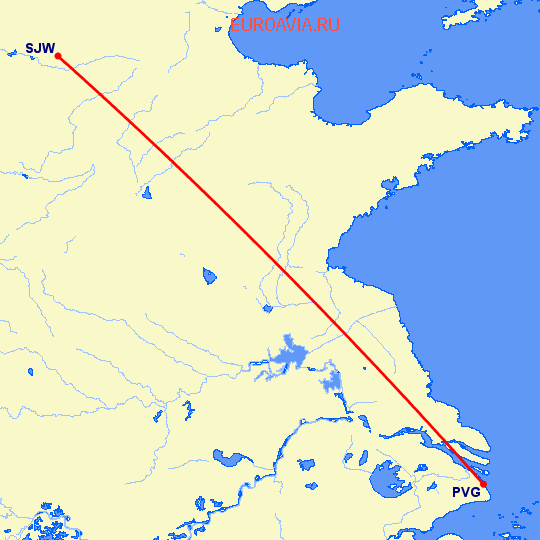 перелет Шанхай — Шицзяжун на карте