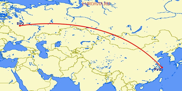 перелет Шанхай — Москва на карте