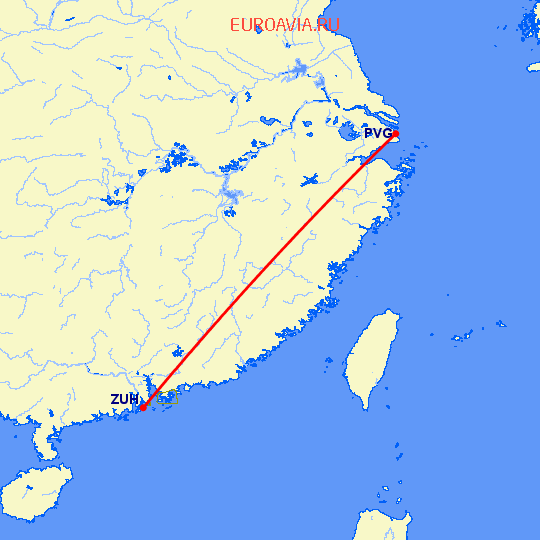 перелет Шанхай — Чжухай на карте