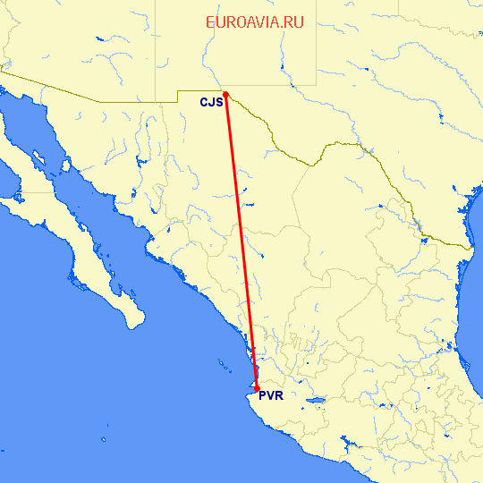 перелет Пуэрто Ваярта — Сьюдад Хуарез на карте