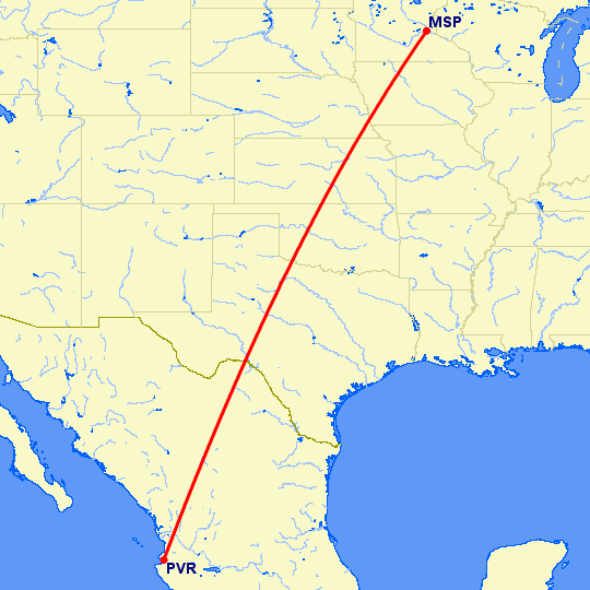 перелет Пуэрто Ваярта — Миннеаполис на карте