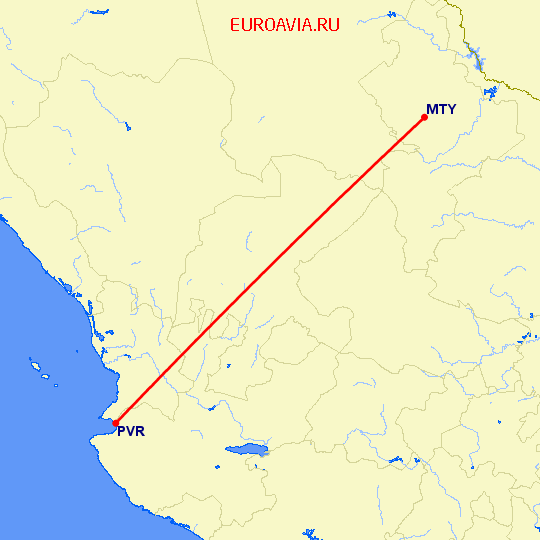 перелет Пуэрто Ваярта — Монтеррей на карте