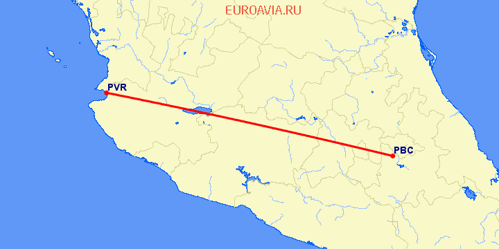 перелет Пуэрто Ваярта — Пуебла Артихко на карте