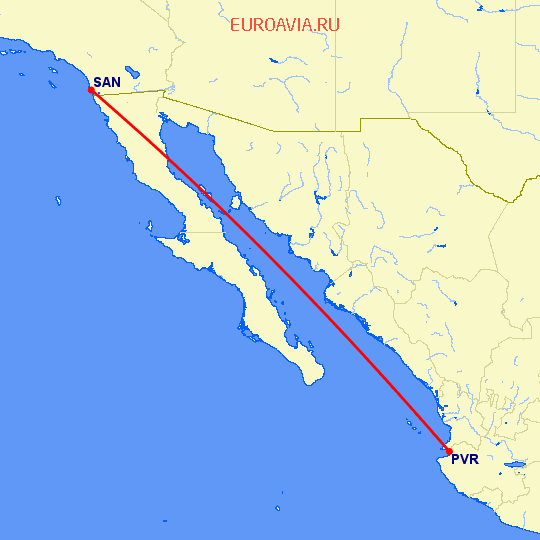перелет Пуэрто Ваярта — Сан Диего на карте