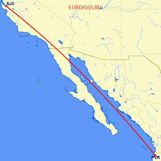 перелет Пуэрто Ваярта — Сан Хосе на карте
