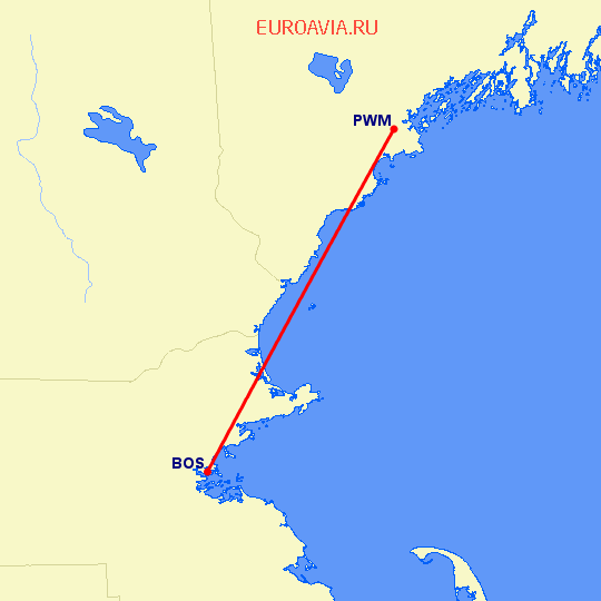 перелет Портленд — Бостон на карте