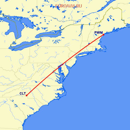перелет Портленд — Шарлотт на карте