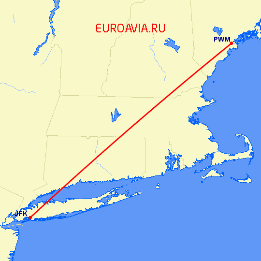 перелет Портленд — Нью Йорк на карте