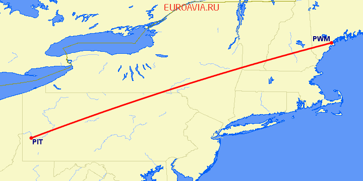 перелет Портленд — Питтсбург на карте
