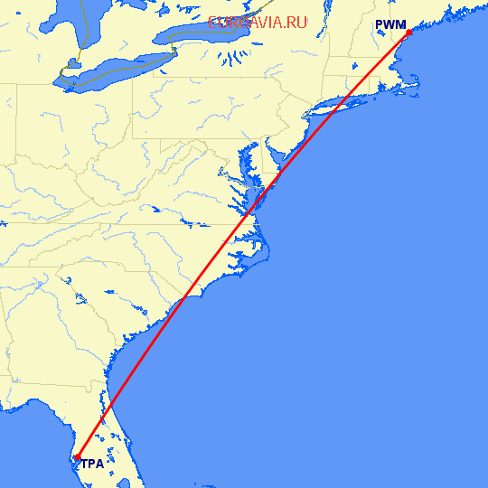 перелет Портленд — Тампа на карте