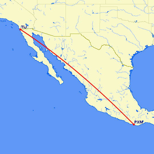 перелет Пуэрто Эскондидо — Тихуана на карте