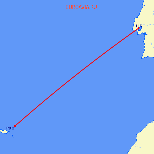 перелет Порту Санту — Лиссабон на карте