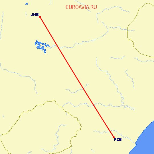 перелет Питермарицбург — Йоханнесбург на карте