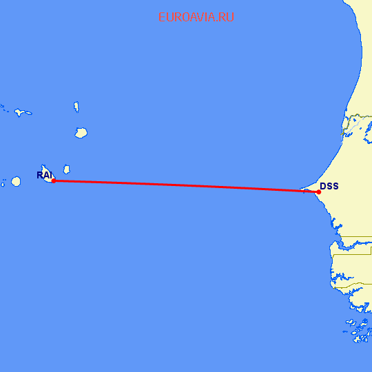 перелет Praia — Дакар на карте