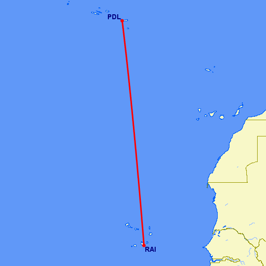перелет Praia — Ponta Delgada на карте