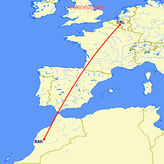 перелет Марракеш — Шарлеруа на карте