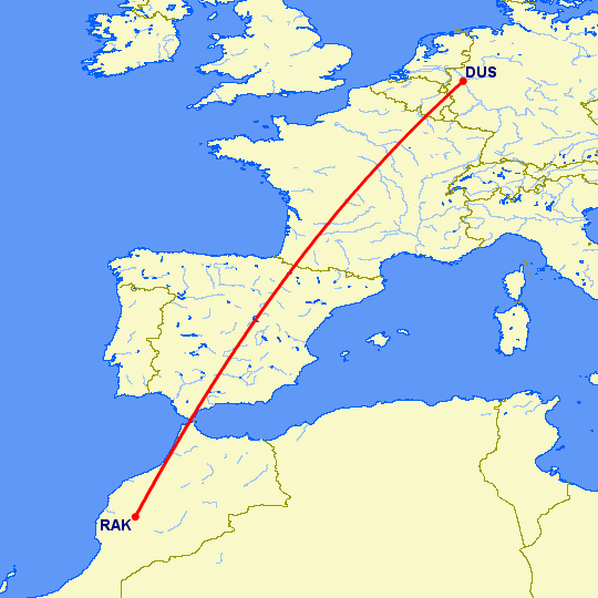 перелет Марракеш — Дюссельдорф на карте