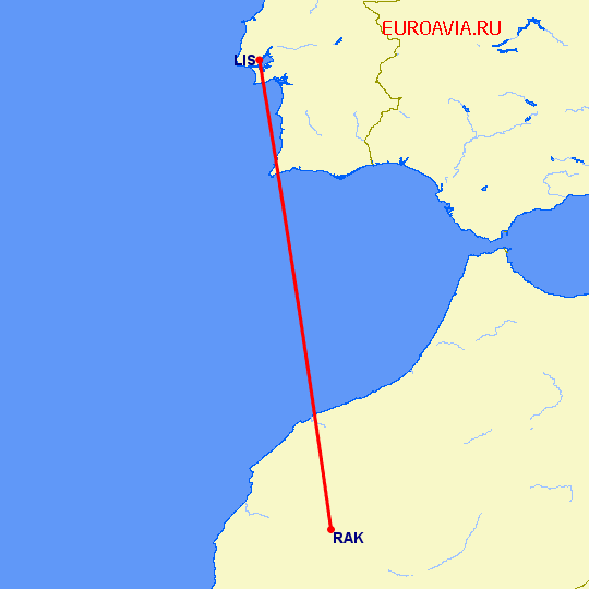 перелет Марракеш — Лиссабон на карте