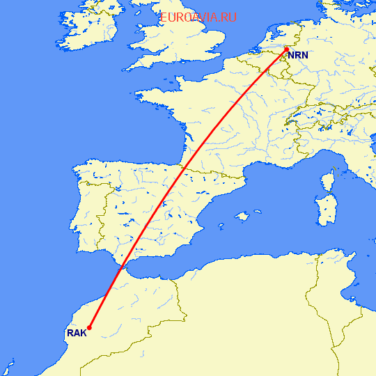 перелет Марракеш — Дюссельдорф на карте