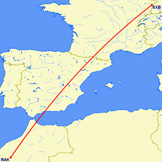 перелет Марракеш — Страсбург на карте