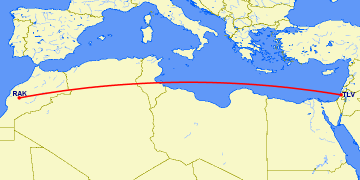 перелет Марракеш — Тель Авив на карте