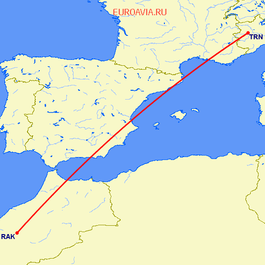 перелет Марракеш — Турин на карте