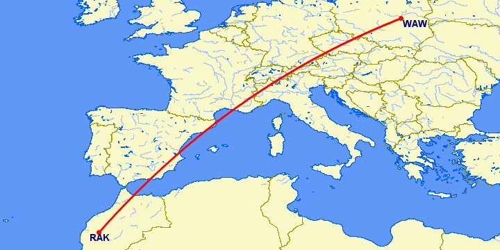 перелет Марракеш — Варшава на карте