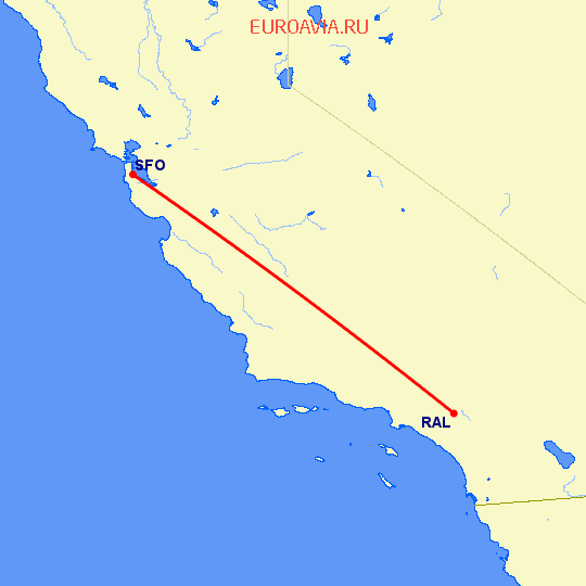 перелет Riverside — Сан Франциско на карте
