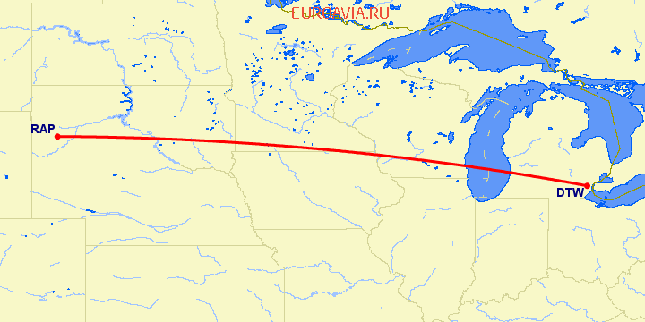 перелет Рэпид Сити — Детройт на карте