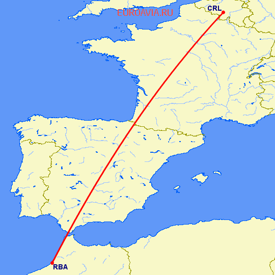 перелет Рабат — Шарлеруа на карте