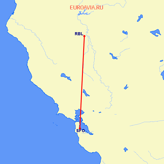 перелет Red Bluff — Сан Франциско на карте