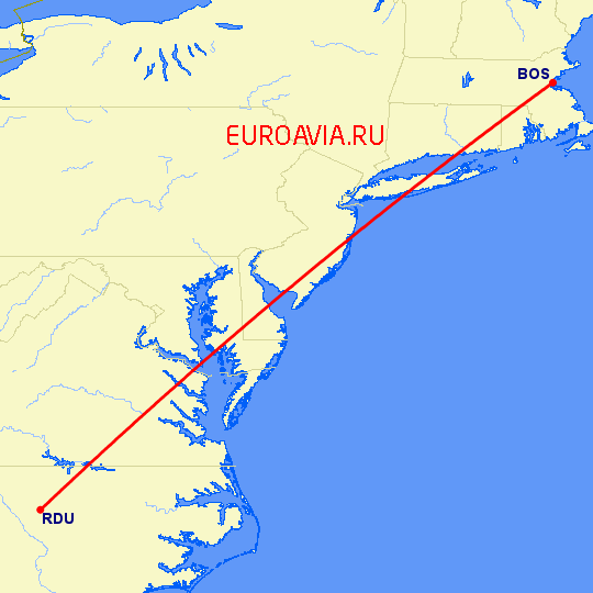 перелет Роли — Бостон на карте