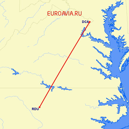 перелет Роли — Вашингтон на карте