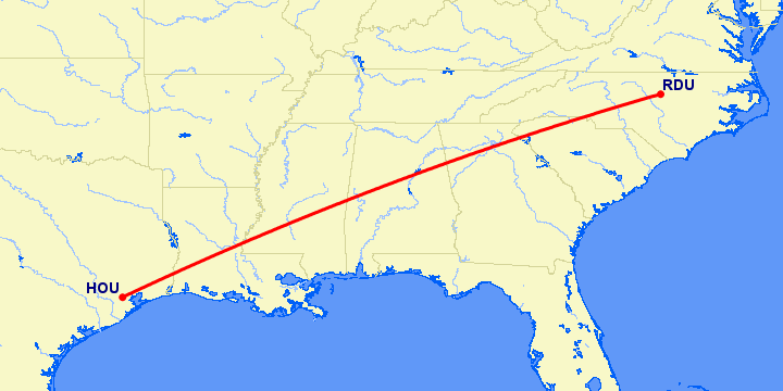 перелет Роли — Хьюстон на карте