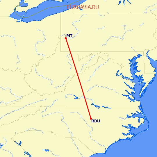 перелет Роли — Питтсбург на карте