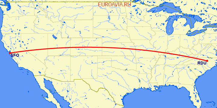 перелет Роли — Сан Франциско на карте