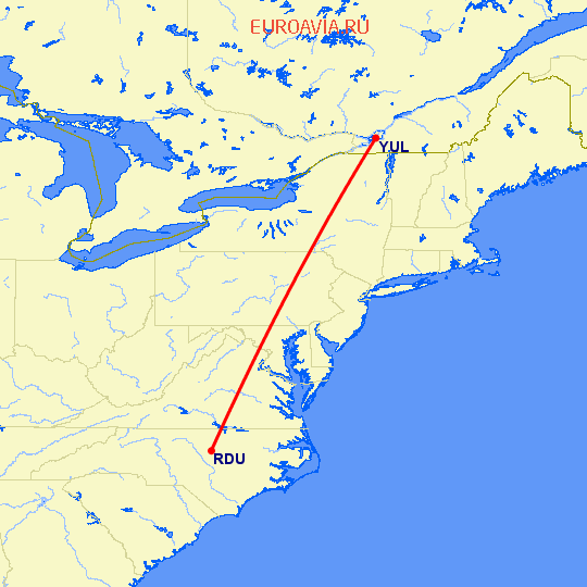 перелет Роли — Монреаль на карте