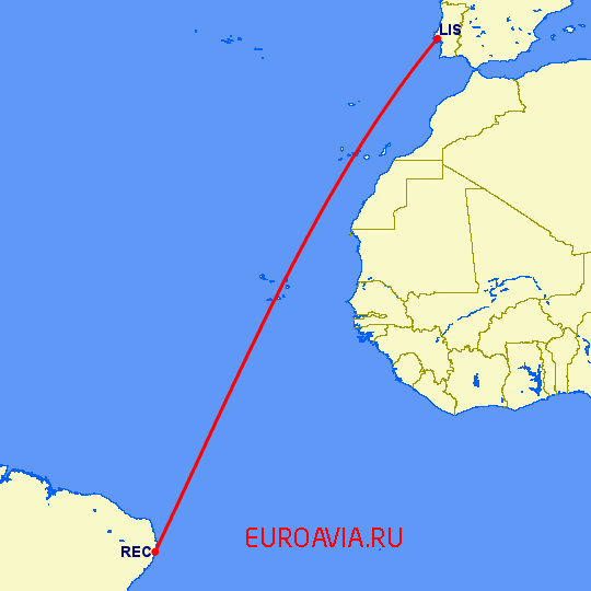 перелет Ресифе — Лиссабон на карте