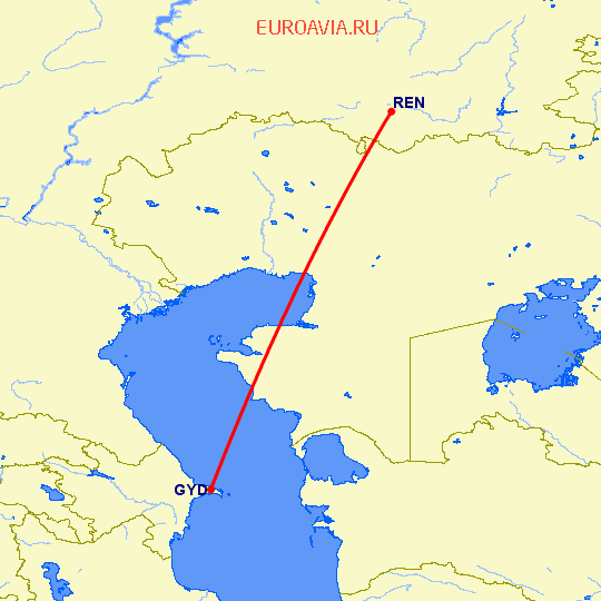 перелет Оренбург — Баку на карте